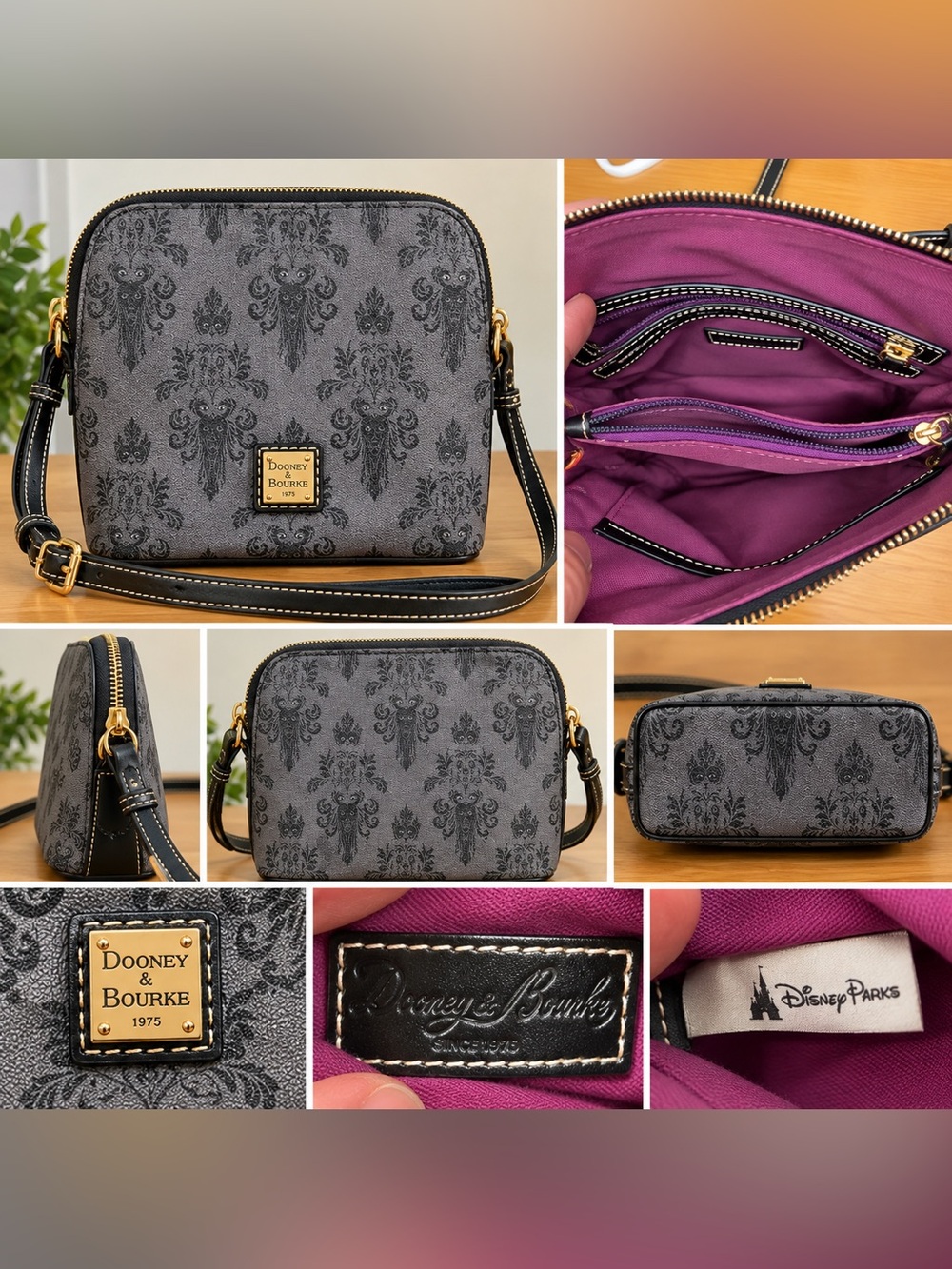 Disney Dooney & Bourke Haunted Mansion Wallpaper Crossbody Bag Gray Purple